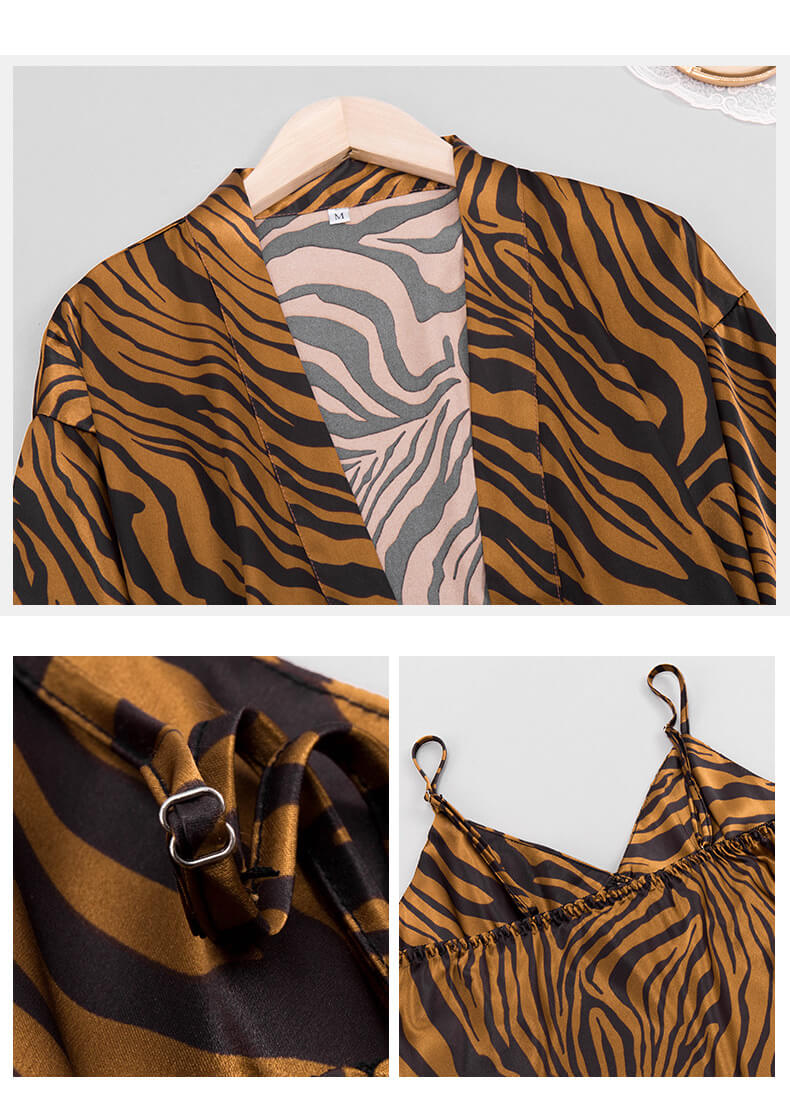 Women Robes and Camisole 3-Piece Set Soft Silk Like Leopard Print loungewear