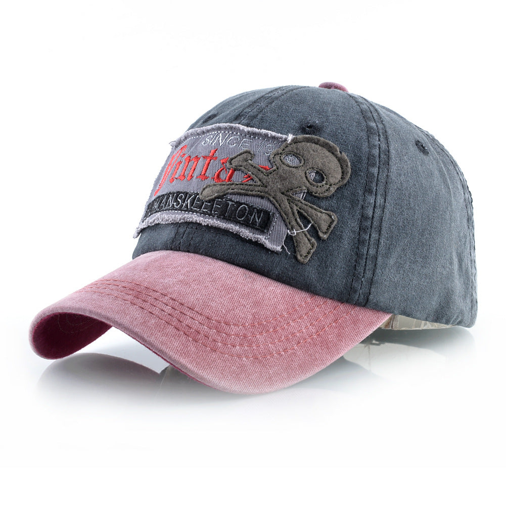 Embroidery Hat Color Matching Washed Denim Vintage Baseball Cap Skull Outdoor Sports Curved Eaves - Loritta