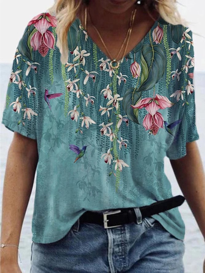 colorful-flower-painting-casual-shift-short-sleeve-t-shirts-img-show