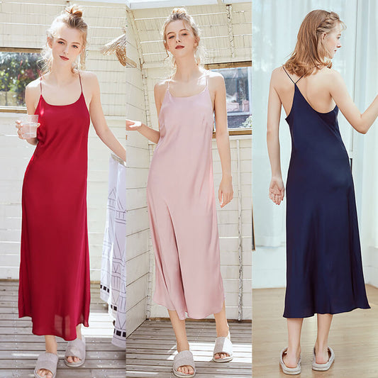Summer Chemises Silk Thin Sexy Sling Nightdress Women Mid-length Skirt Homewear