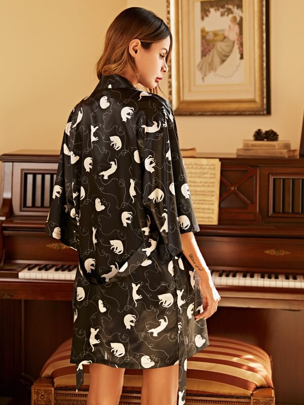 Women Robes and Camisole 3-Piece Set Soft Silk Like Loungewear with Cute Animal Printed