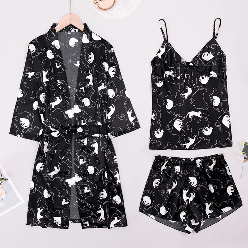 Women Robes and Camisole 3-Piece Set Soft Silk Like Loungewear with Cute Animal Printed