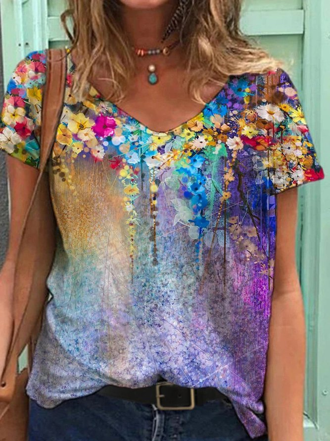 colorful-flower-painting-v-neck-short-sleeve-t-shirts-img-show