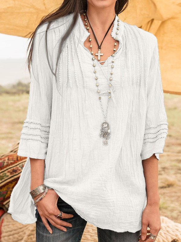 Boho Stand Collar Linen 3/4 Sleeve Guipure Lace Shirts & Blouses-Tops-Blouses & Shirts