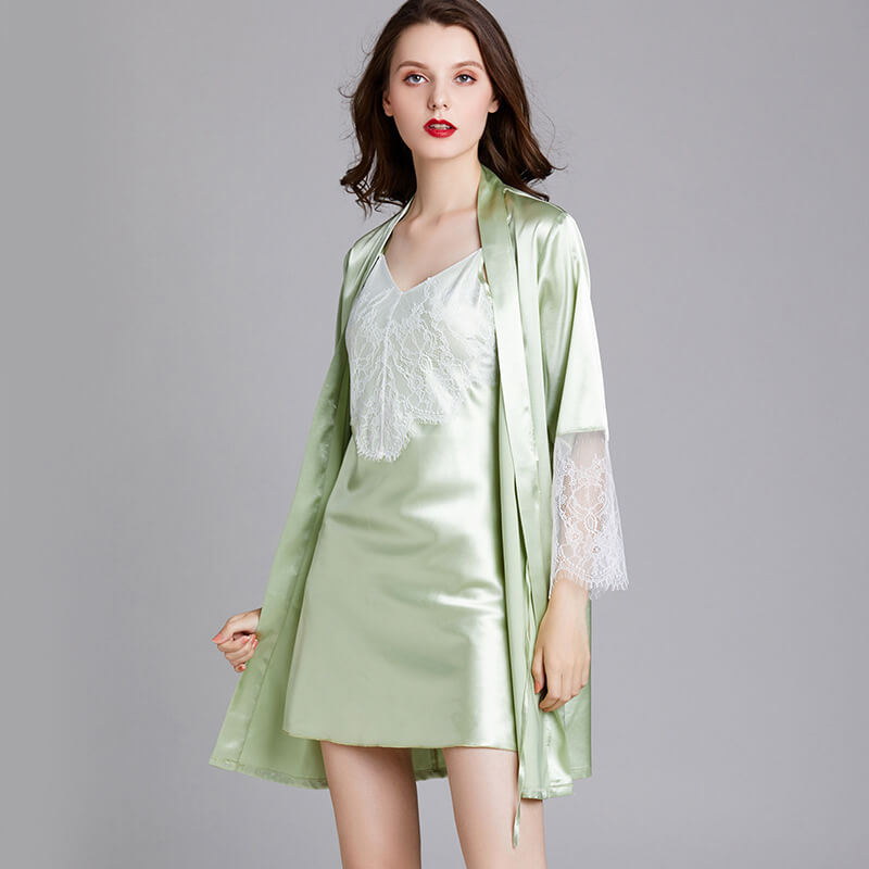 Women Robes and Chemise 2-Piece Set Soft Silk Like Loungewear