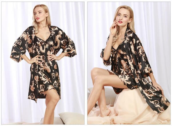 Women Robes and Chemise 2-Piece Set Soft Silk Like Loungewear with Dragon Pattern Printed