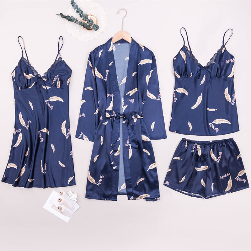 Women Robes and Camisole 4-Piece Set Soft Silk Like Loungewear with Feather Printed