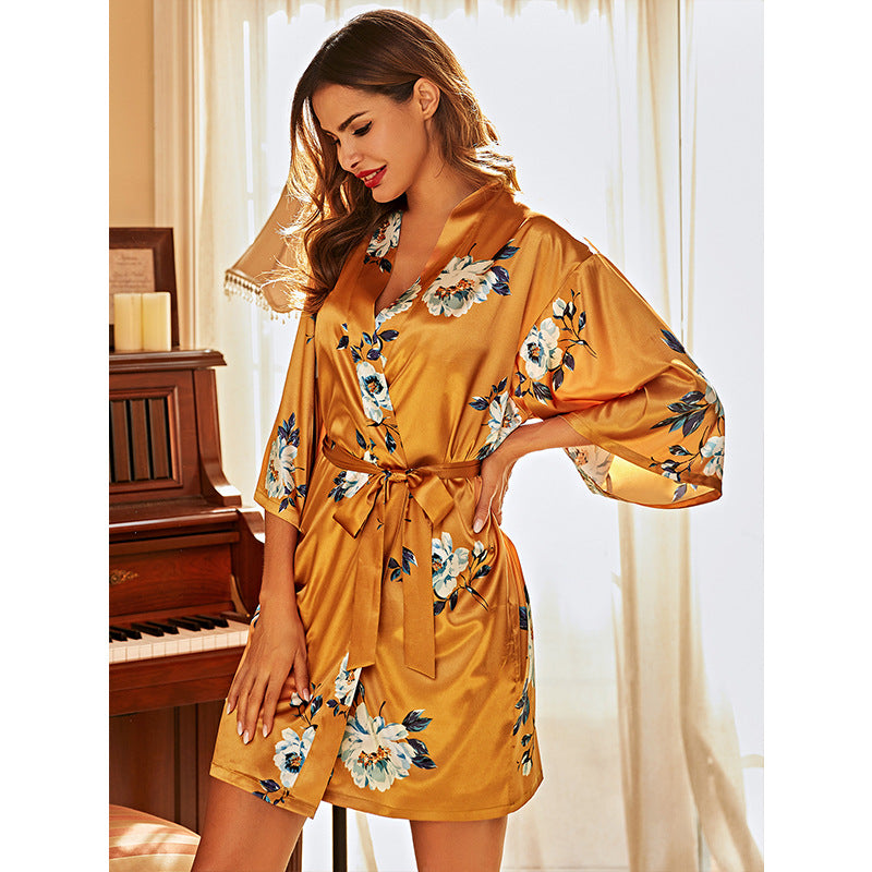 Women Robes and Chemise 2-Piece Set Soft Silk Like Loungewear with Flower Printed
