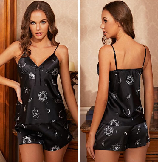 Women Robes and Camisole 3-Piece Set Soft Silk Like Loungewear with Sun Moon Printed