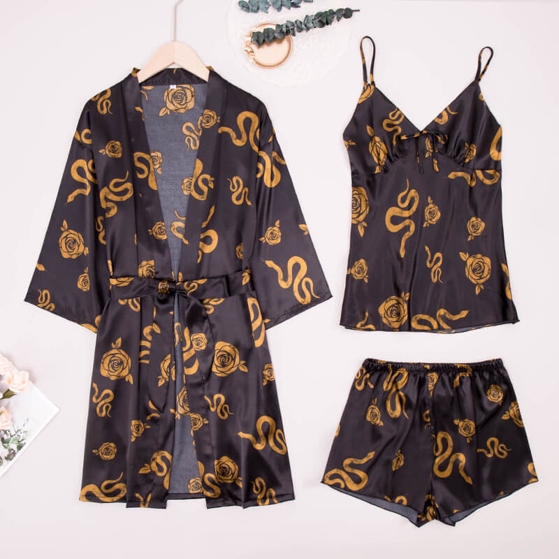 Women Robes and Camisole 3-Piece Set Soft Silk Like Serpentine Loungewear