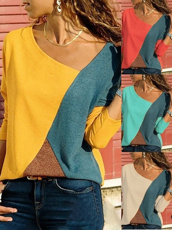 Casual Long Sleeve Patchwork Vintage V Neck Shirts-Tops-Blouses & Shirts